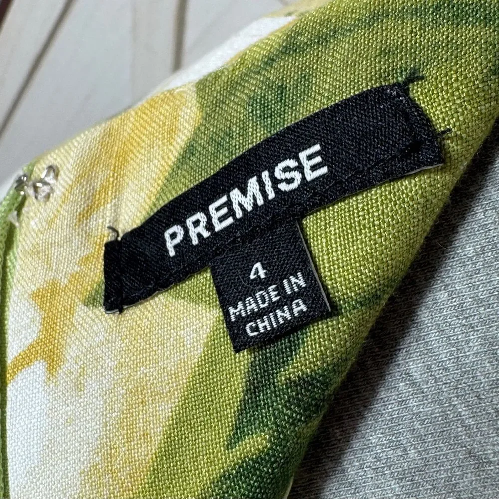 Premise Floral Roses Linen Blend A Line Flare Midi Skirt Lime Green Yellow 4‎
